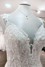 Beautiful Long A-line Tulle Lace V Neck Open Back Wedding Dresses