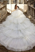 Beautiful Long Ball Gown Ruched Portrait  Cathedral Wedding Dresses With Beading