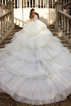 Beautiful Long Ball Gown Ruched Portrait  Cathedral Wedding Dresses With Beading