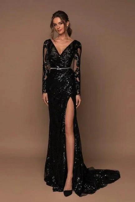 Beautiful Long Black V-neck Mermaid Glitter Evening Dresses with Long Sleeves