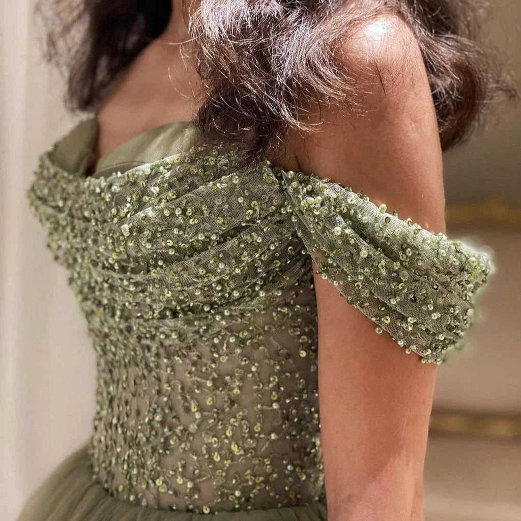 Beautiful Long Green A-line Off-the-shoulder Sequined Beading Prom Dress