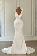 Beautiful Long Ivory Mermaid V-neck Satin Beading Sleeveless Wedding Dress