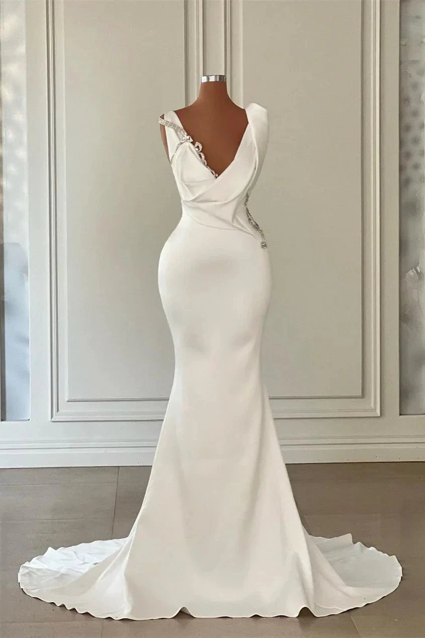Beautiful Long Ivory Mermaid V-neck Satin Beading Sleeveless Wedding Dress