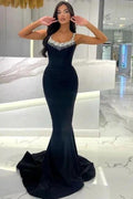 Beautiful Long Mermaid Black Sleeveless Rhinestones Prom Dress