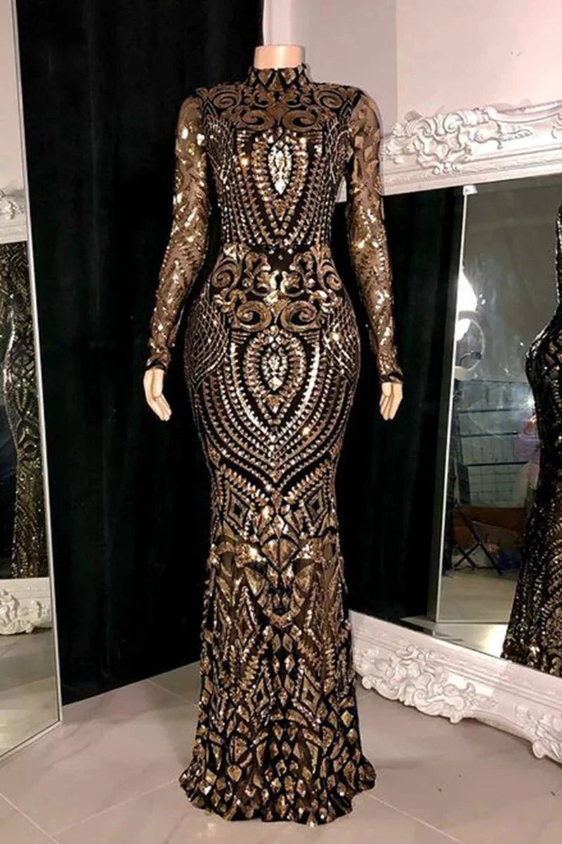 Beautiful Long Mermaid High Neck Lace Long Sleeves Prom Dress