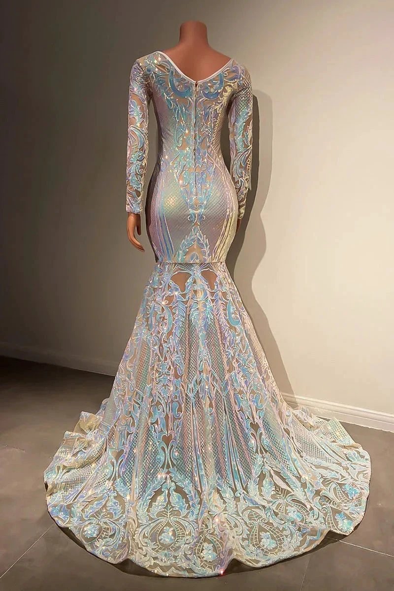 Beautiful Long Mermaid Lace Long Sleeves Evening Dress With Train