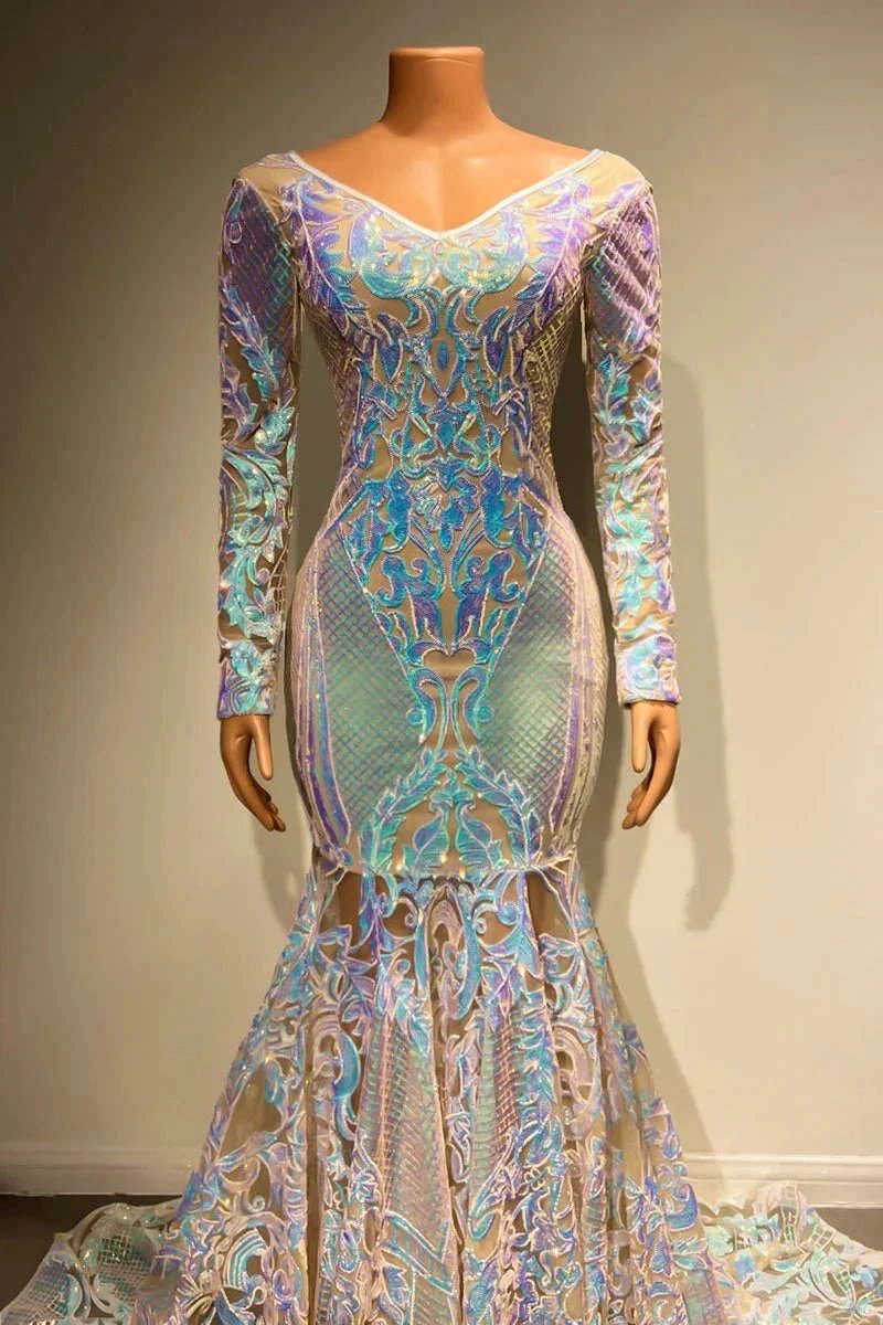Beautiful Long Mermaid Lace Long Sleeves Evening Dress With Train