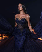 Beautiful Long Mermaid Lace Sleeveless Prom Dress With Detachable Train