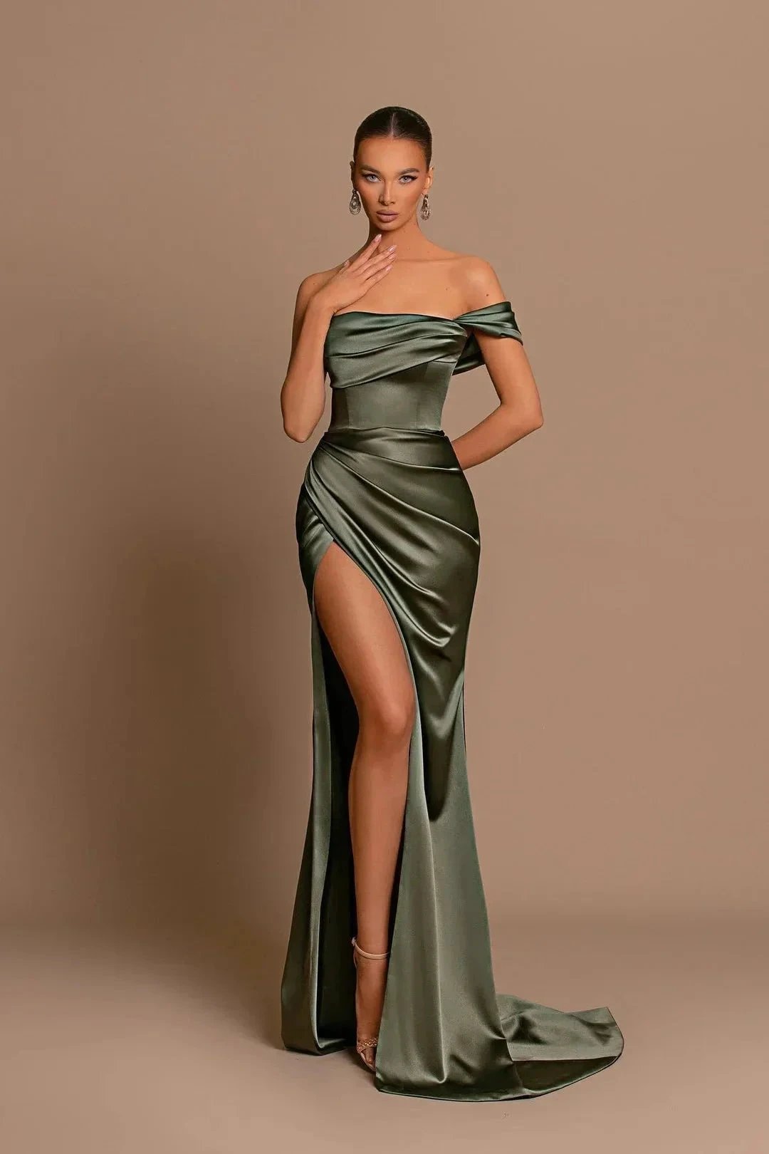 Beautiful Long Mermaid Off-the-shoulder Satin Prom Dress With Slit