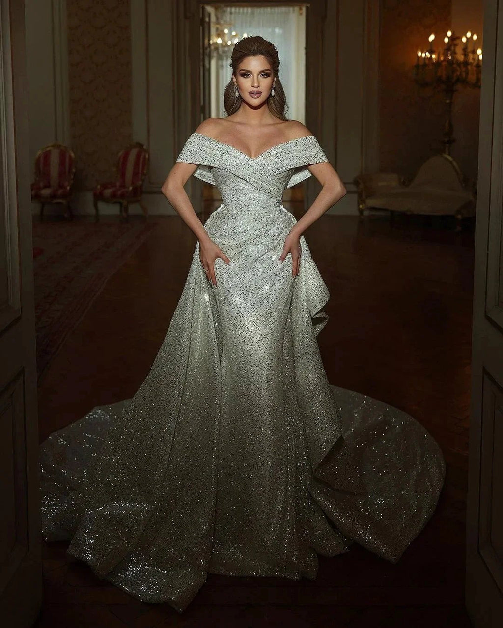 Beautiful Long Mermaid Off-the-shoulder Sequined Sleeveless Weddding Dress