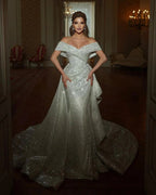 Beautiful Long Mermaid Off-the-shoulder Sequined Sleeveless Weddding Dress