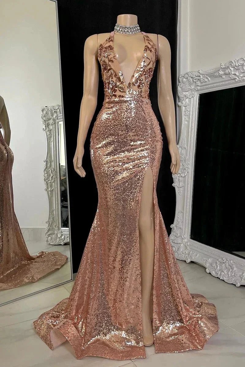 Beautiful Long Mermaid V-neck Split Sleeveless Prom Dress With Lace