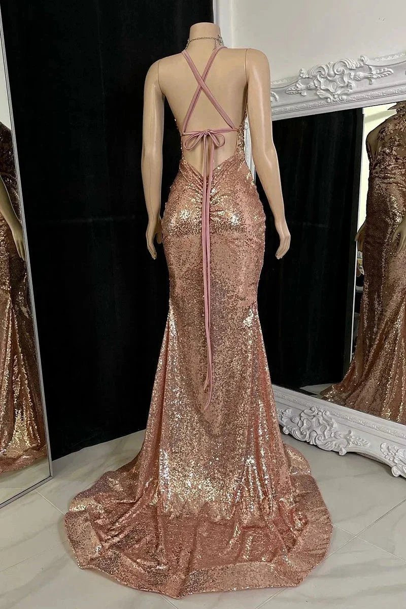 Beautiful Long Mermaid V-neck Split Sleeveless Prom Dress With Lace