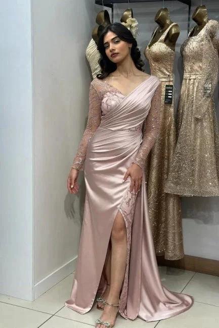 Beautiful Long Pink Mermaid Glitter Lace Split Front Prom Dresses with Long Sleeves