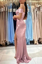Beautiful Long Pink Off-the-shoulder Mermaid Sleeveless Evening Dresses With Slit
