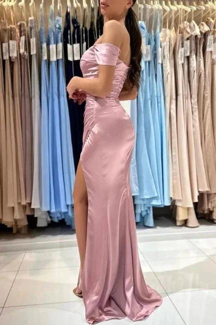 Beautiful Long Pink Off-the-shoulder Mermaid Sleeveless Evening Dresses With Slit