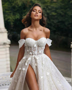 Beautiful Long White A-line Off-the-shoulder Lace Flowers Wedding Dress With Slit