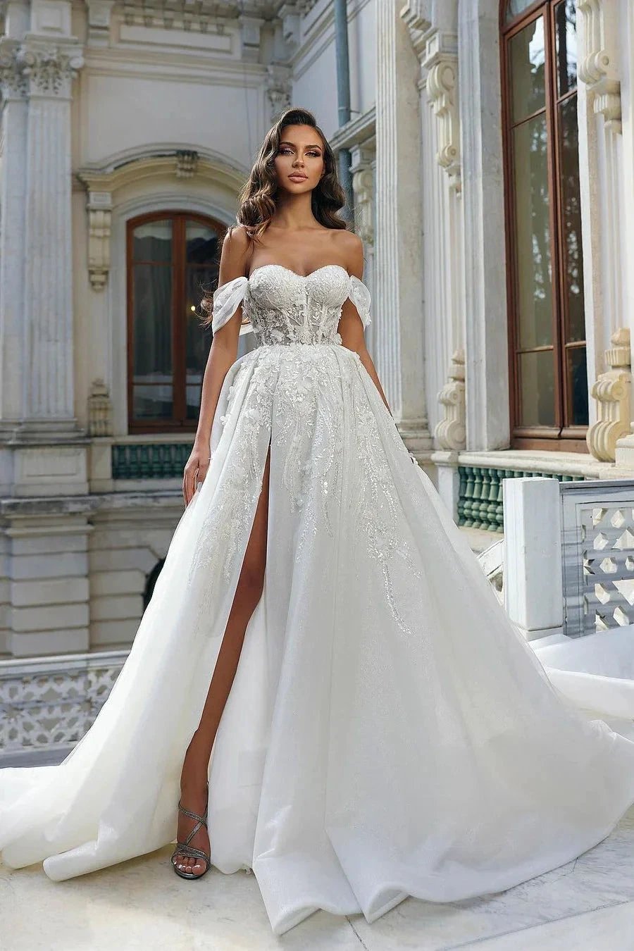 Beautiful Long White A-line Off-the-shoulder Lace Flowers Wedding Dress With Slit