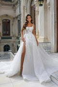 Beautiful Long White Straps A-line Sleeveless Lace Wedding Dress With Slit