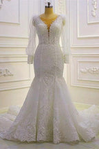 Beautiful Mermaid Long Sleeves Lace Appliques Wedding Dress With Train