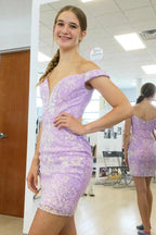 Beautiful Off-the-shoulder Lilac V-neck Homecoming Dress With Lace