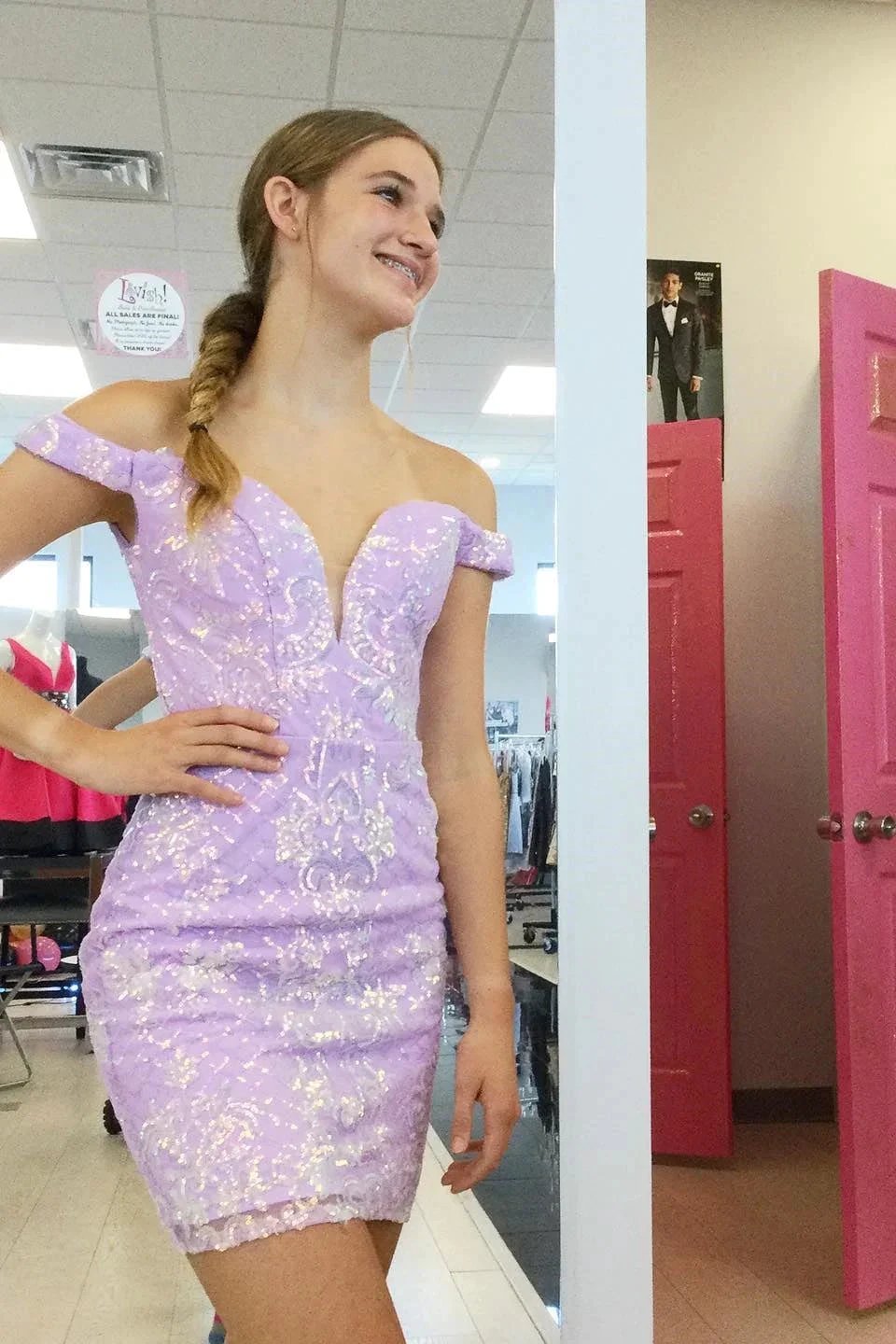 Beautiful Off-the-shoulder Lilac V-neck Homecoming Dress With Lace