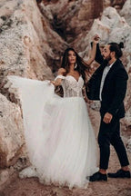 Beautiful Off-the-shoulder Sleeveless Column Floor-Length Tulle Wedding Dresses