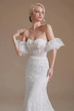 Beautiful Off-the-shoulder Sleeveless Mermaid Floor-Length Lace Wedding Dresses with Applique