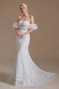 Beautiful Off-the-shoulder Sleeveless Mermaid Floor-Length Lace Wedding Dresses with Applique