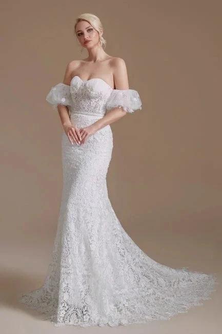 Beautiful Off-the-shoulder Sleeveless Mermaid Floor-Length Lace Wedding Dresses with Applique