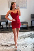Beautiful Red Spaghetti Straps Sleeveless Short Homecoming Dresses With Lace