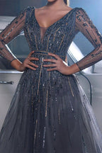 Beautiful Sequined V-neck A-line Sleeveless Prom Dress With Long Sleeves