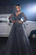 Beautiful Sequined V-neck A-line Sleeveless Prom Dress With Long Sleeves