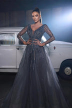 Beautiful Sequined V-neck A-line Sleeveless Prom Dress With Long Sleeves
