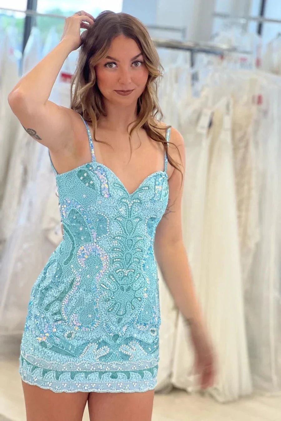 Beautiful Spaghetti Straps Backless Sleeveless Homecoming Dress With Lace
