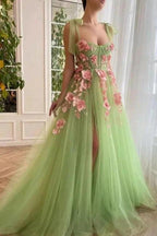 Beautiful spaghetti straps sleeveless a-line soft net evening dresses split front