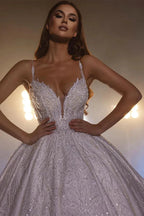 Beautiful White A-line Spaghetti Straps V-neck Wedding Dress With Lace