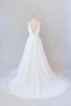 Beautiful White Long A-line V-neck Tulle Backless Wedding Dress