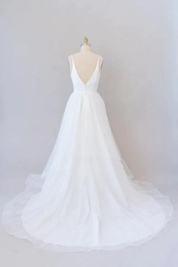 Beautiful White Long A-line V-neck Tulle Backless Wedding Dress