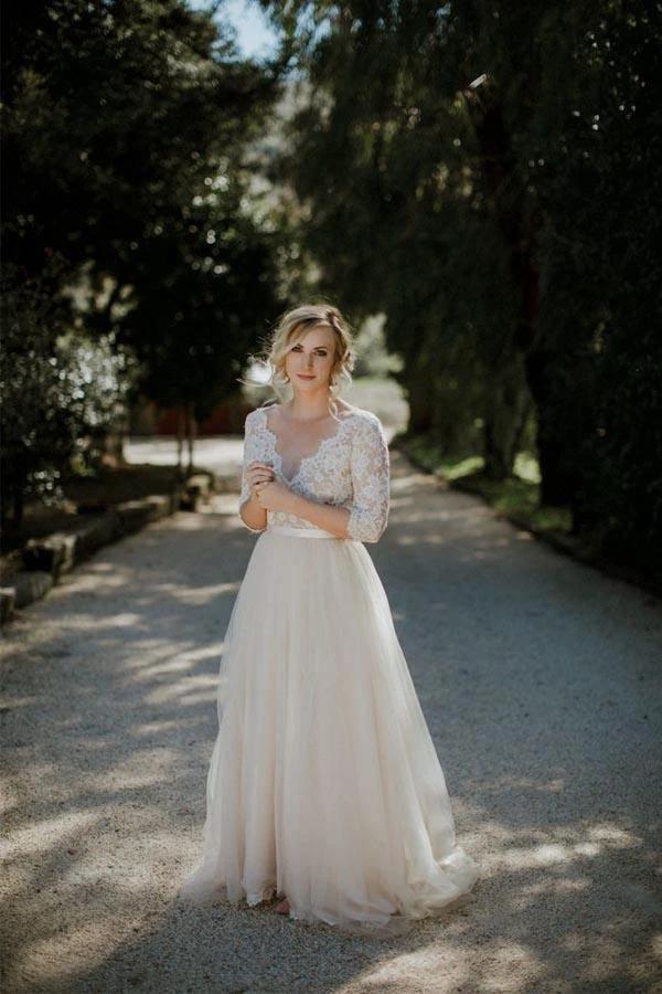Belt Tulle V-neck Half Sleeves A-line Wedding Dress Bridal Gown WD401
