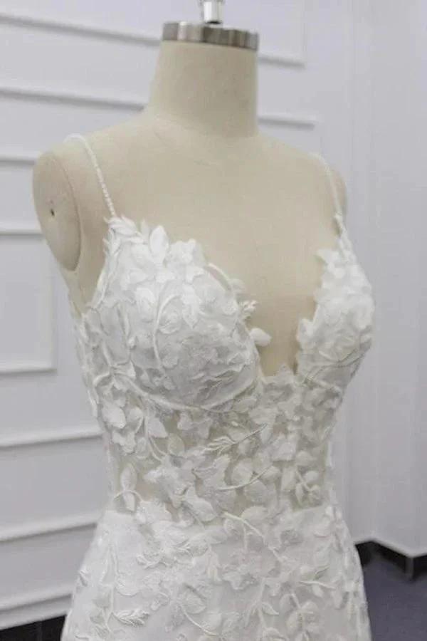 Best Long Mermaid Spaghetti Strap Appliques Lace Wedding Dress