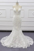 Best Long Mermaid Spaghetti Strap Appliques Lace Wedding Dress