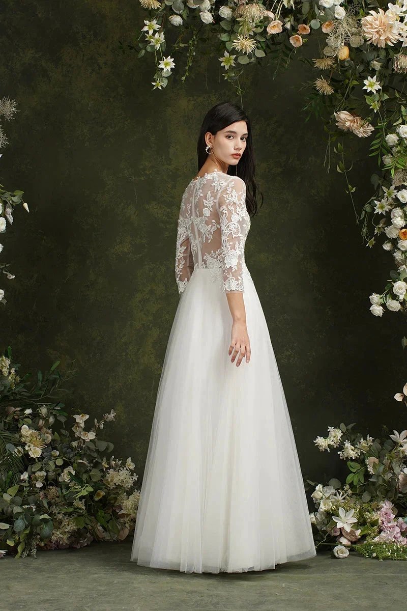 Biztunnel Long A-line Sweetheart Chiffon Lace Wedding Dresses with Sleeves