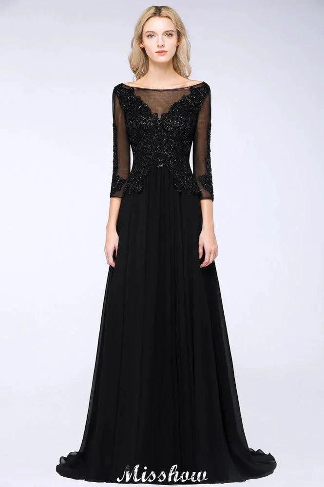 Black 3/4 Sleeves Beads A-Line Appliques Bridesmaid Dresses Tulle Party Dress