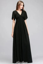 Black Chiffon A-line Bridesmaid Dress V-Neck Floor Length