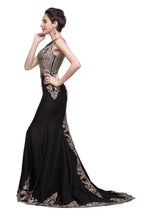 Black Crew Sweep-length Appliqued Mermaid Prom Dresses