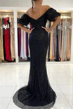 Black Evening Dresses in Long Glitter | Prom dresses with sleeves