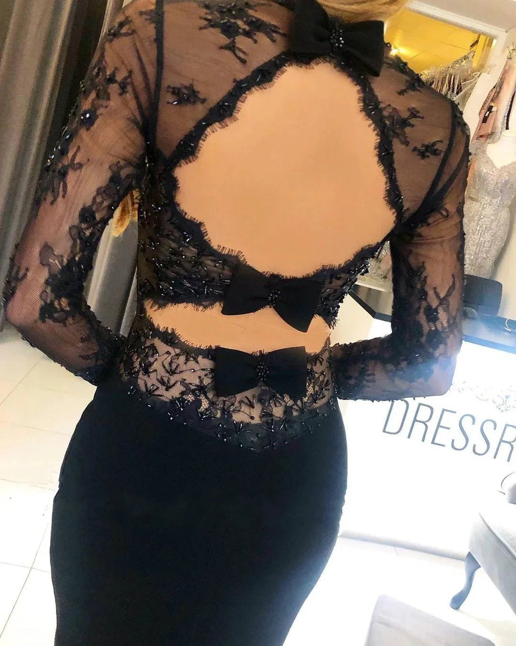 Black Long Mermaid Square Neckline Backless Prom Dress with Sleeves