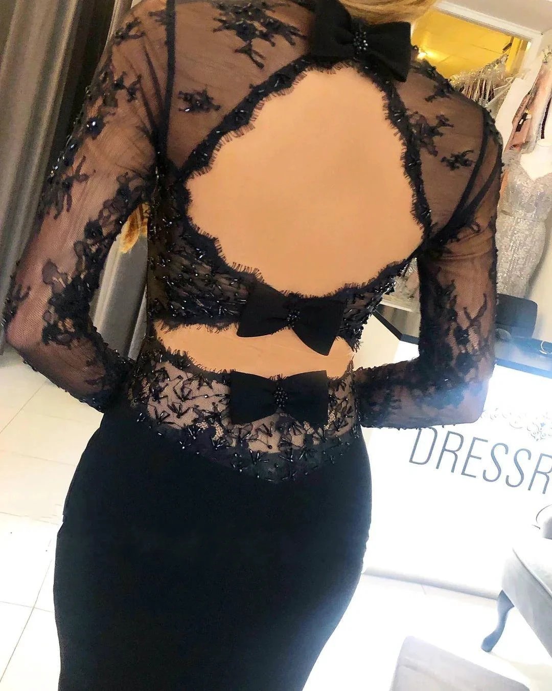 Black Long Mermaid Square Neckline Backless Prom Dress with Sleeves