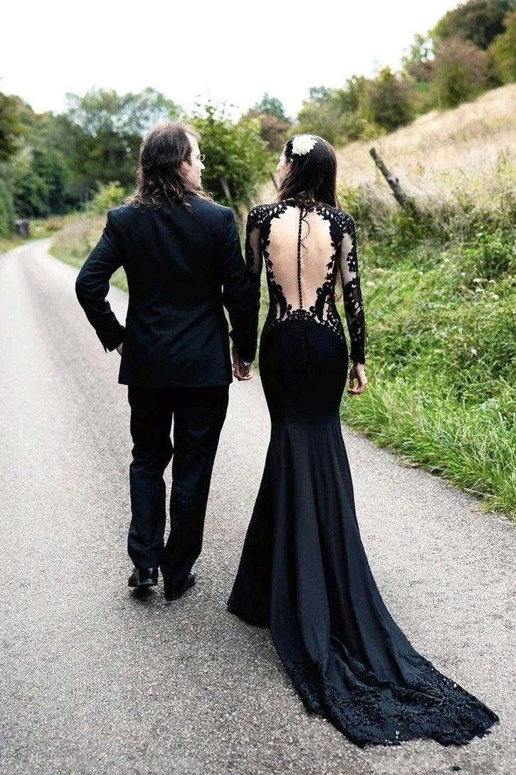 Black Long Sleeves Mermaid Wedding Dress with Sweep Train